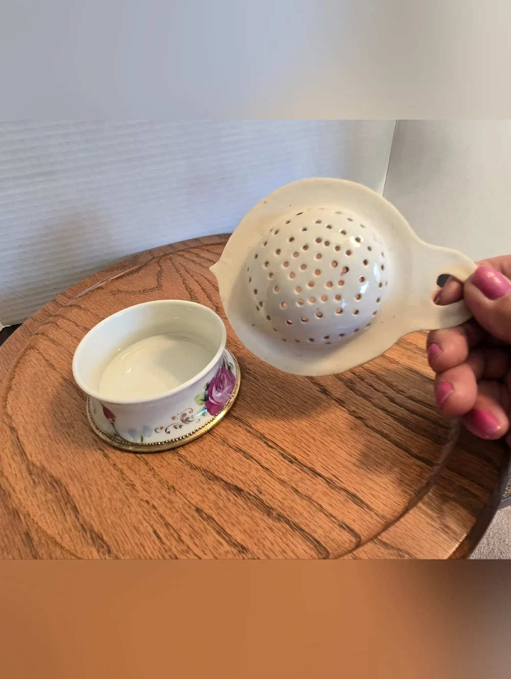 Vintage Porcelain Floral Tea Strainer and Drip Bowl - Pink Rose